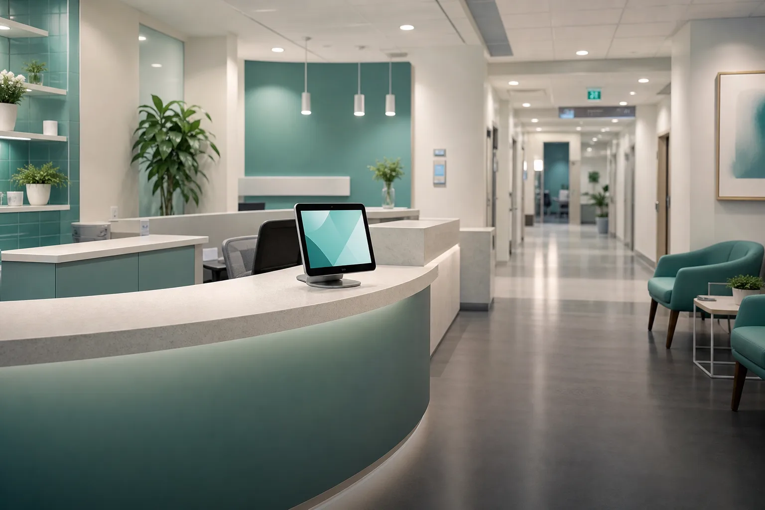Clean modern medical clinic reception with digital check-in
