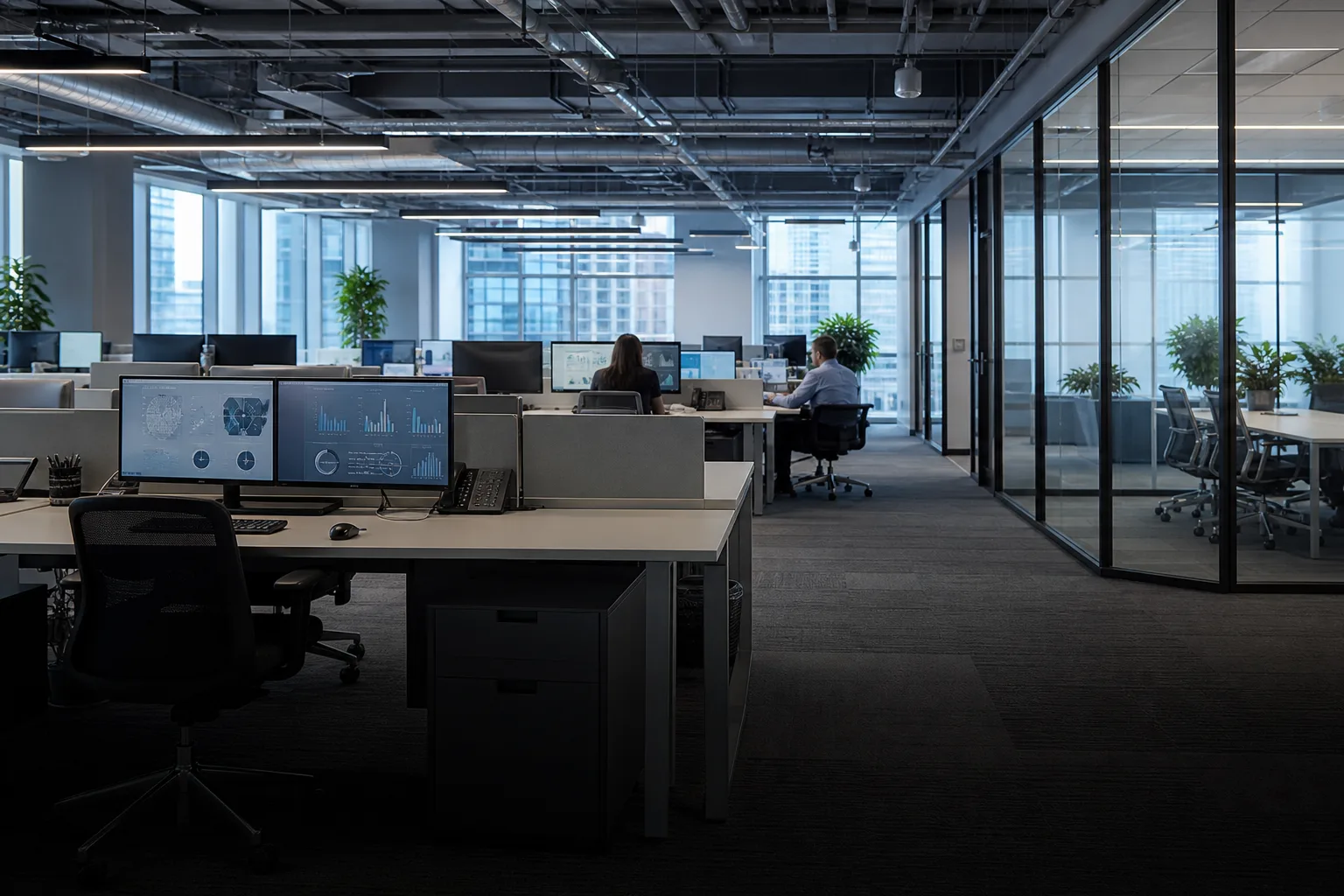Contemporary office floor with desks and meeting rooms