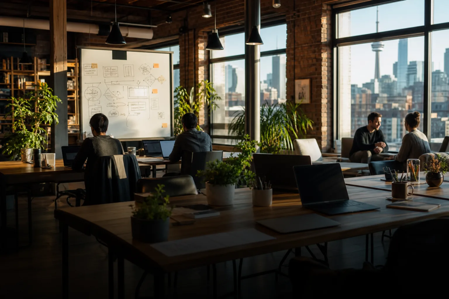 Modern startup workspace with laptops and natural light